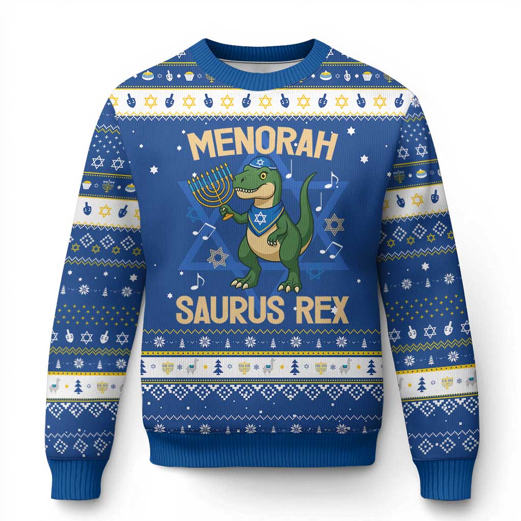 Funny Dinosaur Lover Hanukkah Ugly Sweater Menorasaurus Rex Festival Of Lights Gift - Wonder Print Shop