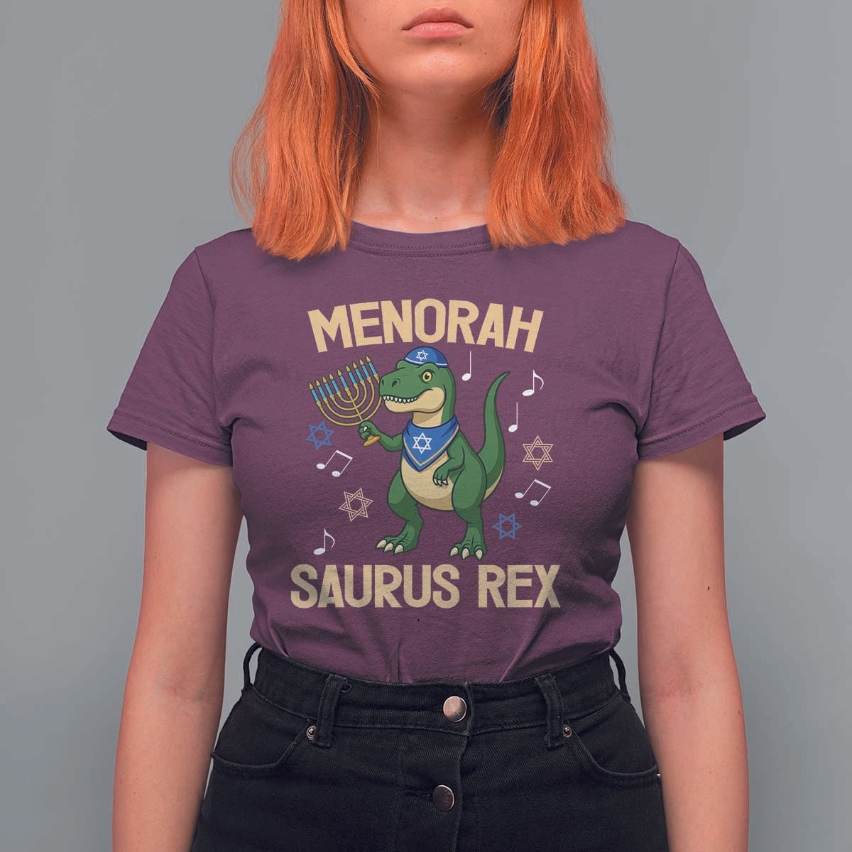 Funny Hanukkah Dinosaur Lover T Shirt For Women Menorasaurus Rex Festival Of Lights Gift - Wonder Print Shop