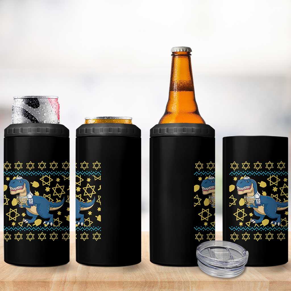 Funny Hanukkah Dinosaur Lover Ugly Sweater 4 in 1 Can Cooler Tumbler Festival Of Lights Gift - Wonder Print Shop