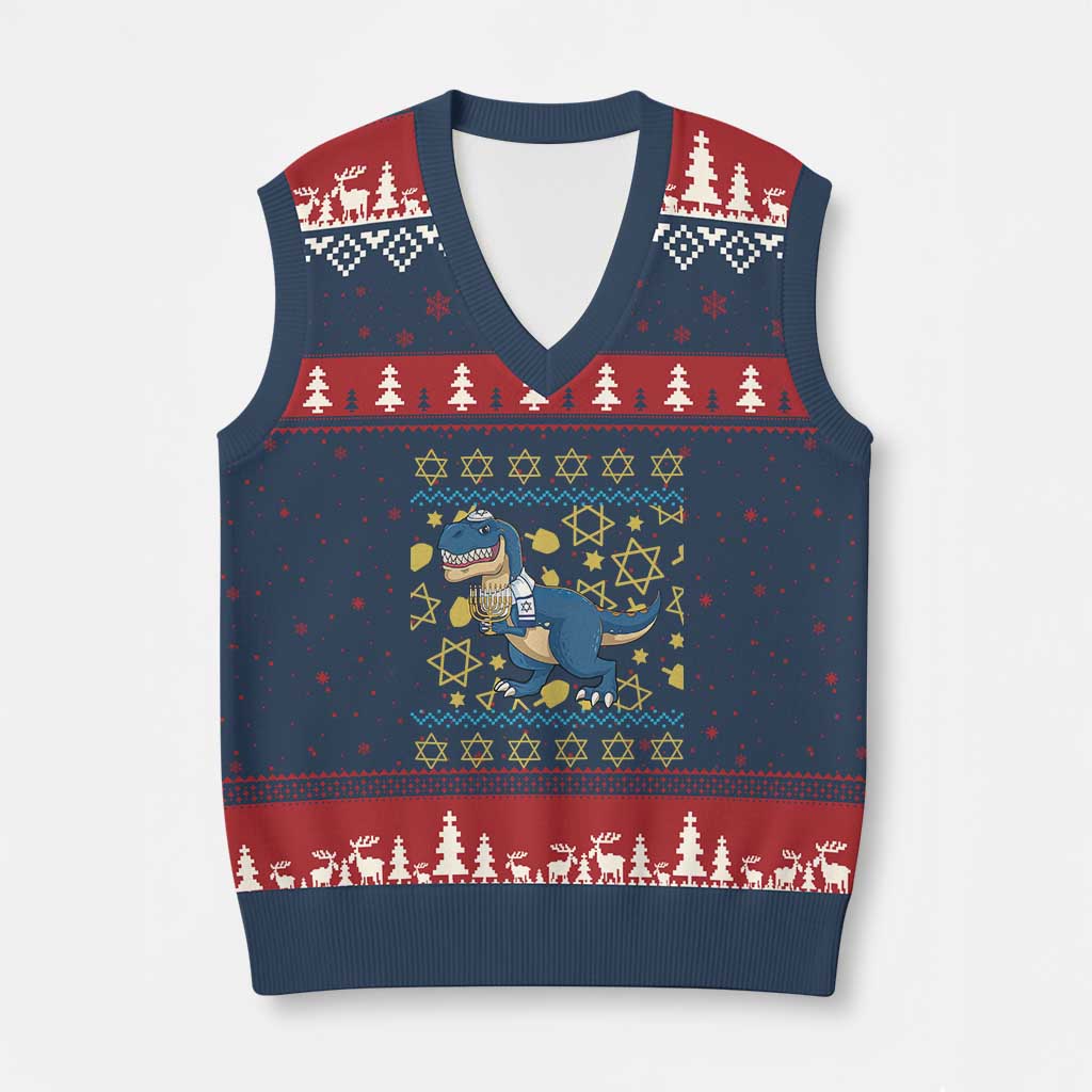 Funny Hanukkah Dinosaur Lover Ugly Sweater V-Neck Knit Sweater Vest Festival Of Lights Gift - Wonder Print Shop