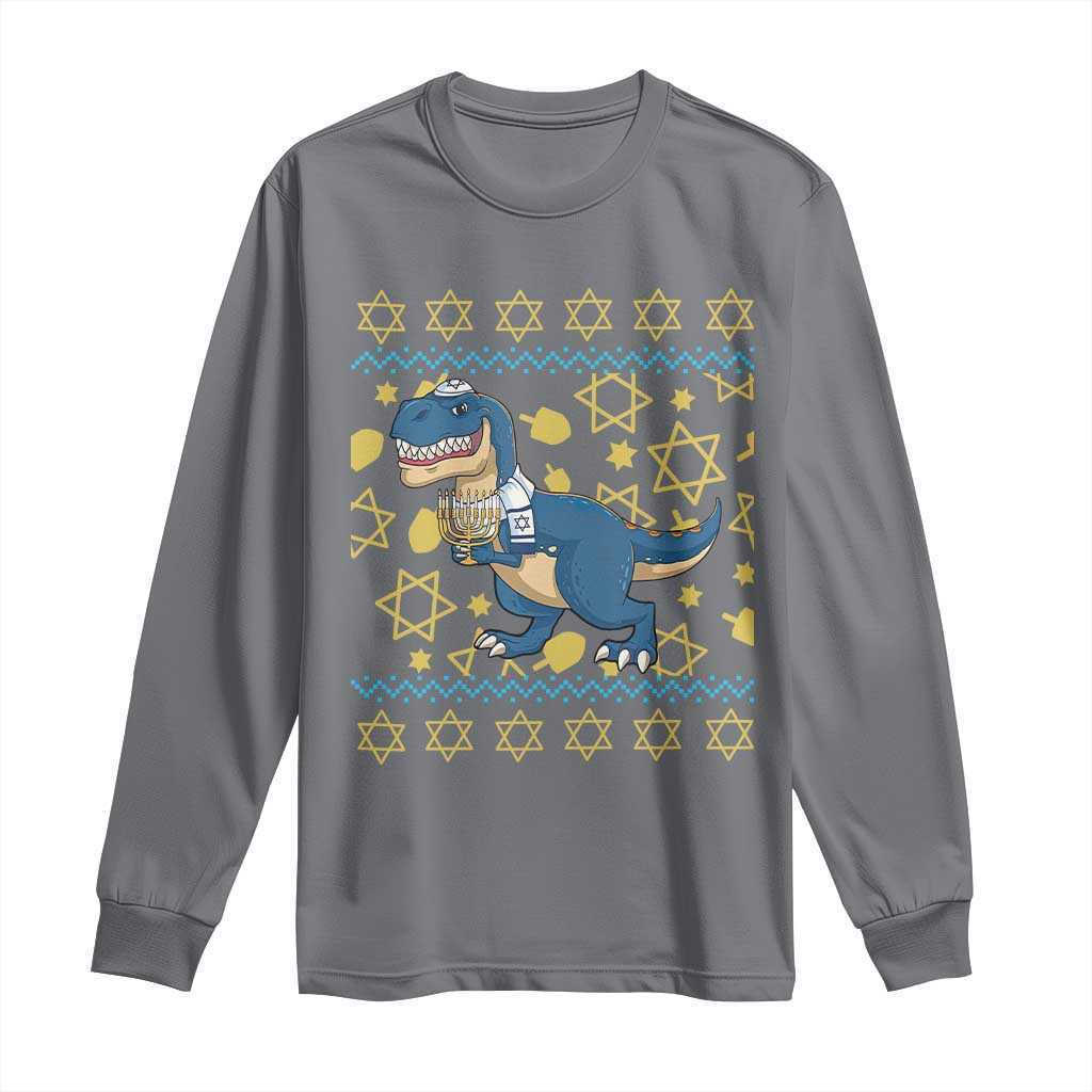 Funny Hanukkah Dinosaur Lover Ugly Sweater Long Sleeve Shirt Festival Of Lights Gift - Wonder Print Shop