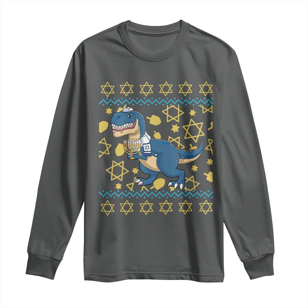 Funny Hanukkah Dinosaur Lover Ugly Sweater Long Sleeve Shirt Festival Of Lights Gift - Wonder Print Shop