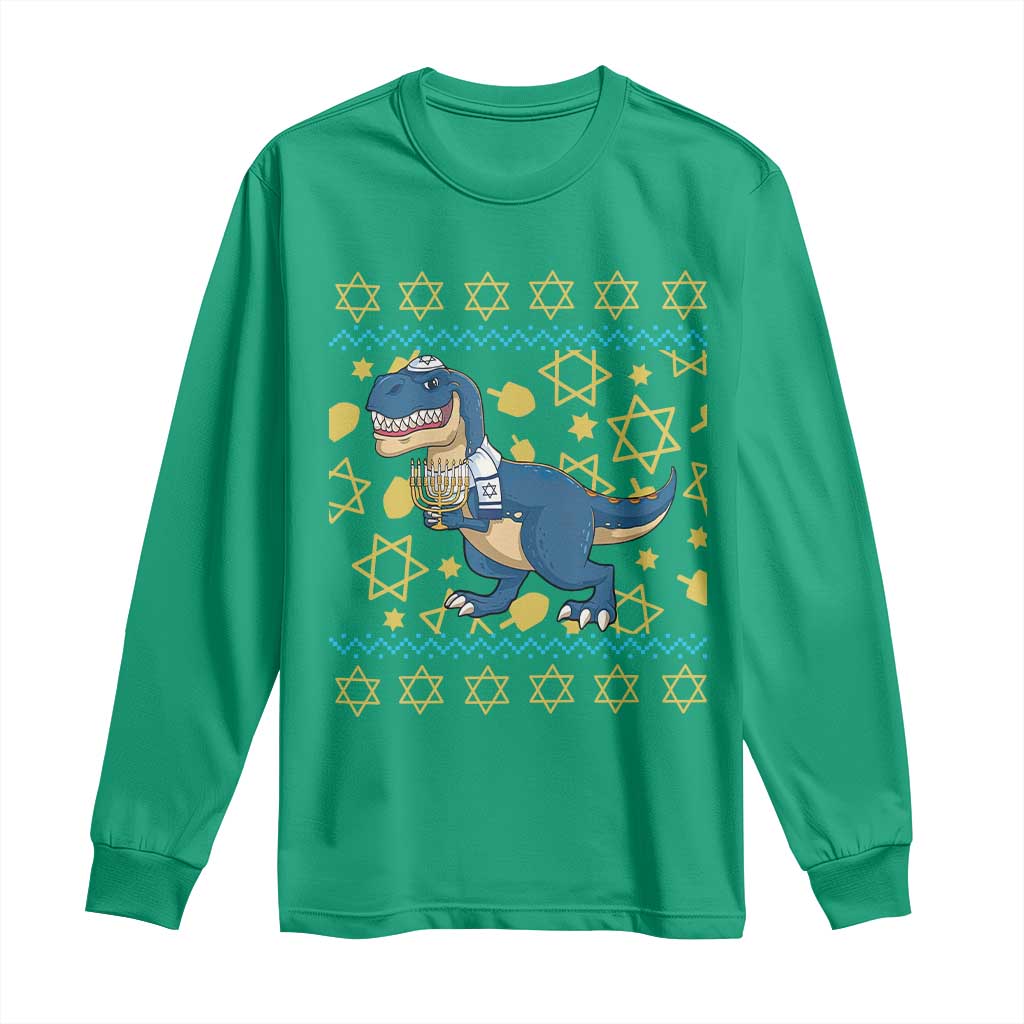 Funny Hanukkah Dinosaur Lover Ugly Sweater Long Sleeve Shirt Festival Of Lights Gift - Wonder Print Shop