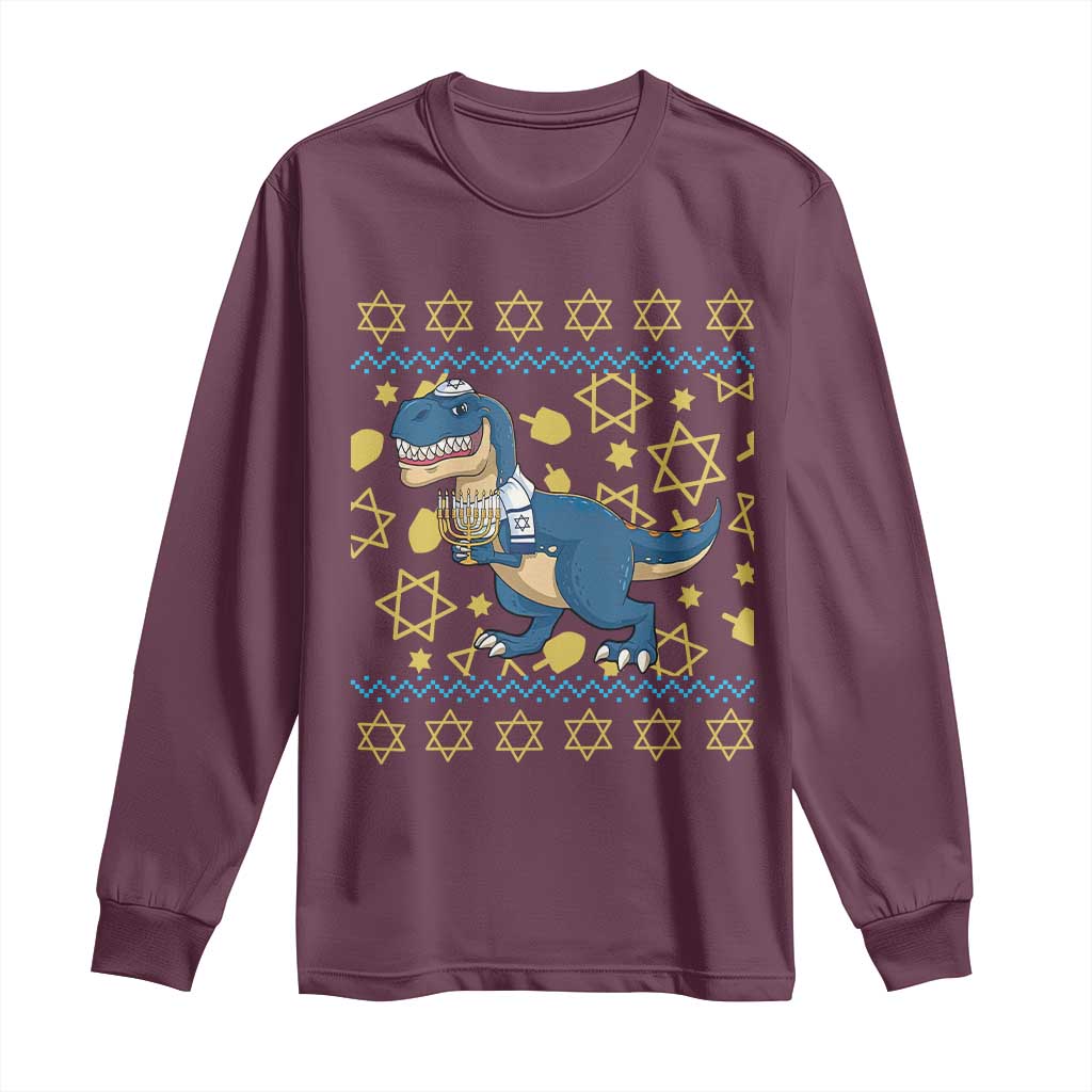 Funny Hanukkah Dinosaur Lover Ugly Sweater Long Sleeve Shirt Festival Of Lights Gift - Wonder Print Shop