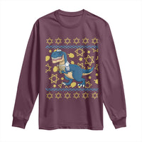Funny Hanukkah Dinosaur Lover Ugly Sweater Long Sleeve Shirt Festival Of Lights Gift - Wonder Print Shop