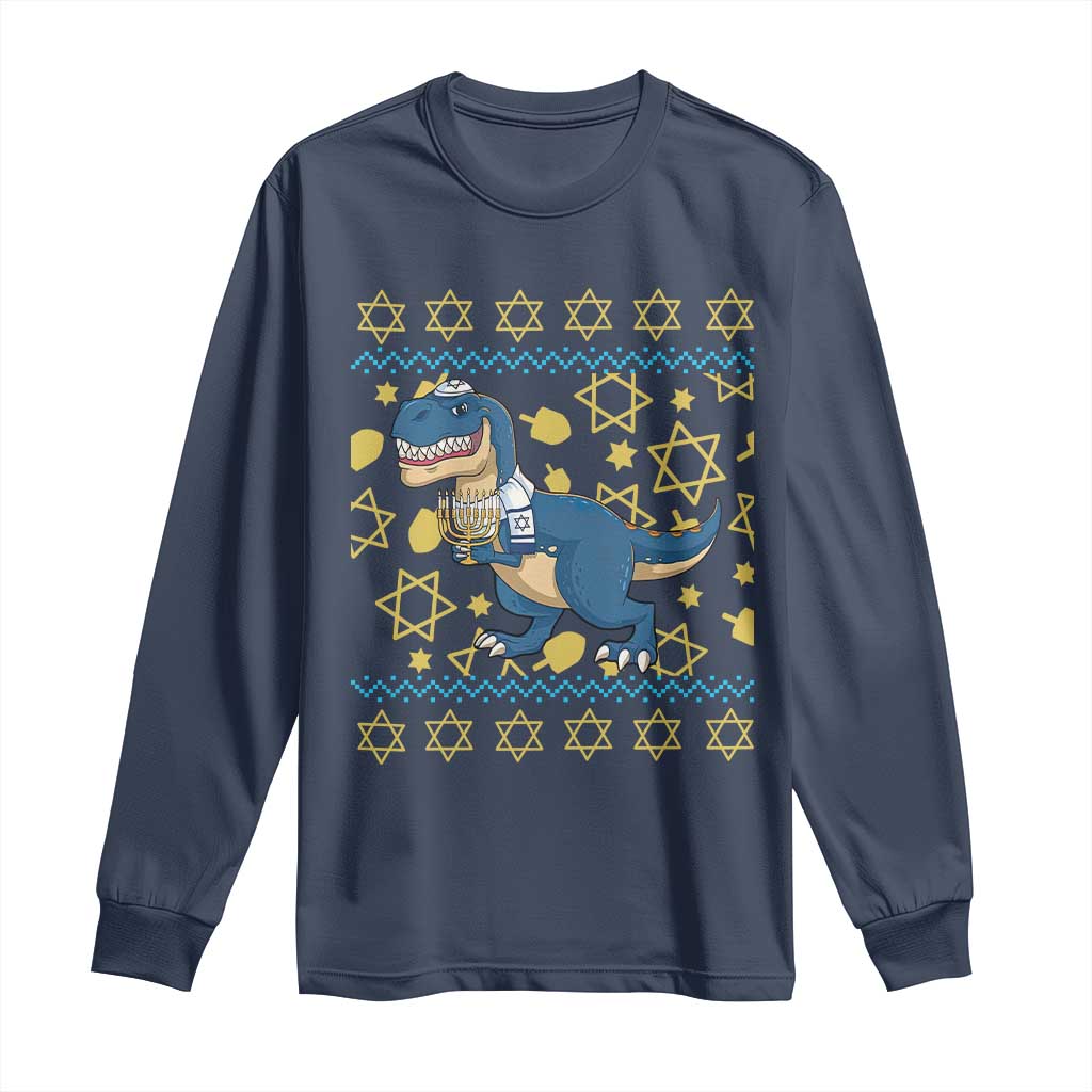 Funny Hanukkah Dinosaur Lover Ugly Sweater Long Sleeve Shirt Festival Of Lights Gift - Wonder Print Shop