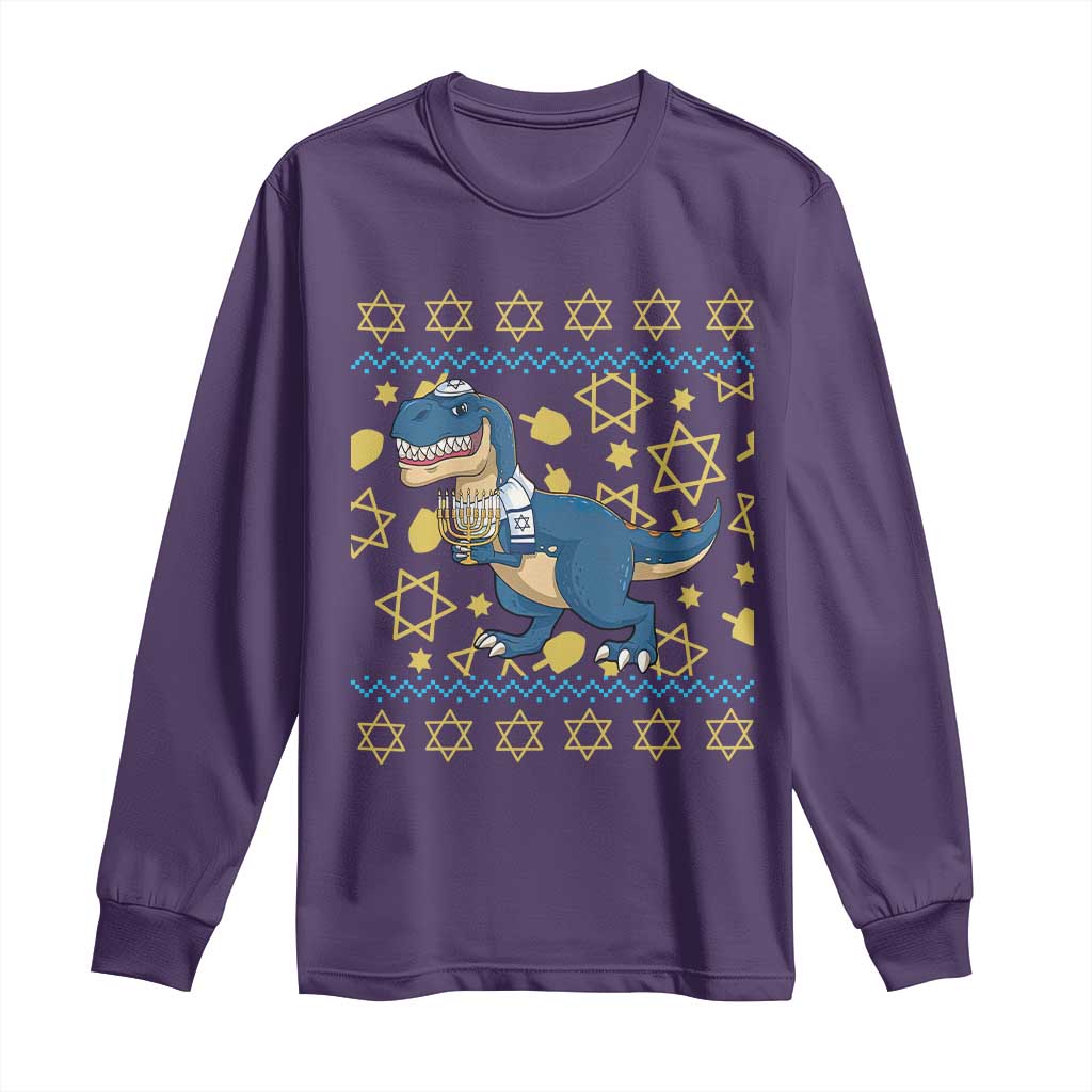 Funny Hanukkah Dinosaur Lover Ugly Sweater Long Sleeve Shirt Festival Of Lights Gift - Wonder Print Shop