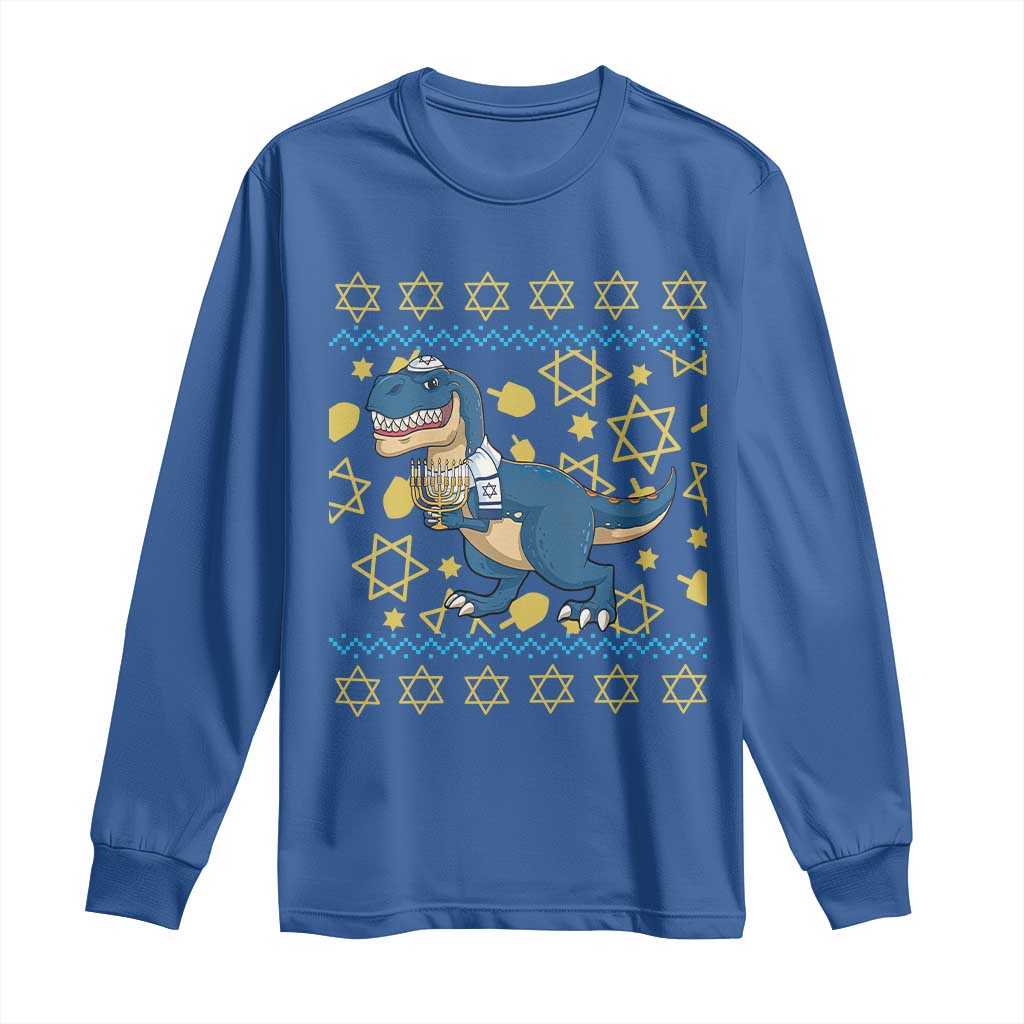 Funny Hanukkah Dinosaur Lover Ugly Sweater Long Sleeve Shirt Festival Of Lights Gift - Wonder Print Shop