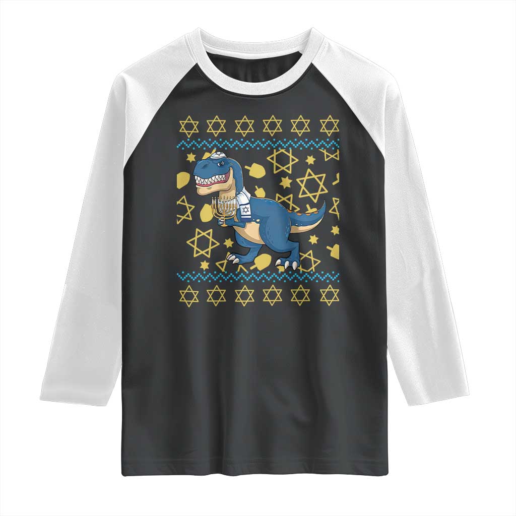 Funny Hanukkah Dinosaur Lover Ugly Sweater Raglan Shirt Festival Of Lights Gift - Wonder Print Shop