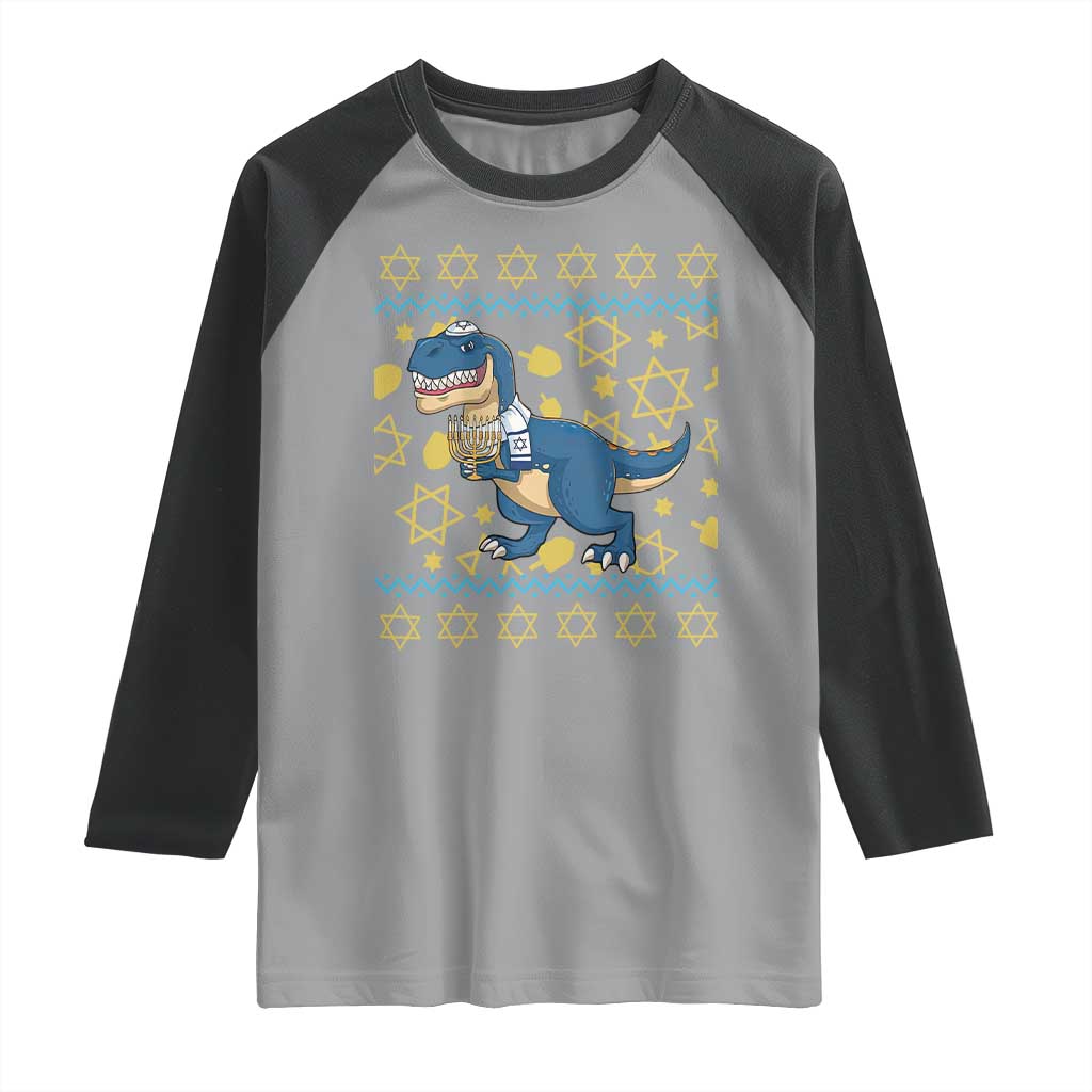 Funny Hanukkah Dinosaur Lover Ugly Sweater Raglan Shirt Festival Of Lights Gift - Wonder Print Shop