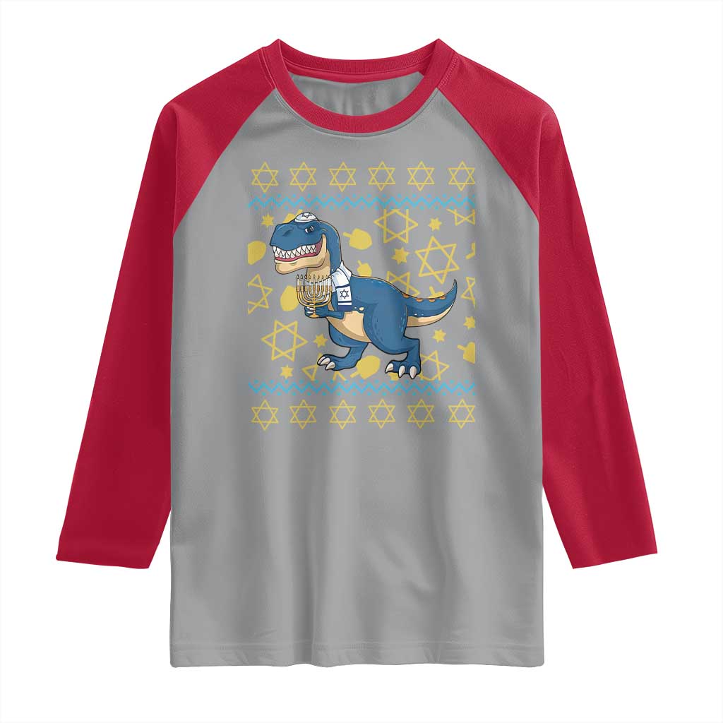 Funny Hanukkah Dinosaur Lover Ugly Sweater Raglan Shirt Festival Of Lights Gift - Wonder Print Shop