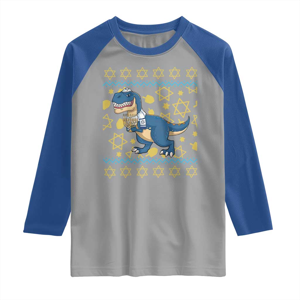 Funny Hanukkah Dinosaur Lover Ugly Sweater Raglan Shirt Festival Of Lights Gift - Wonder Print Shop