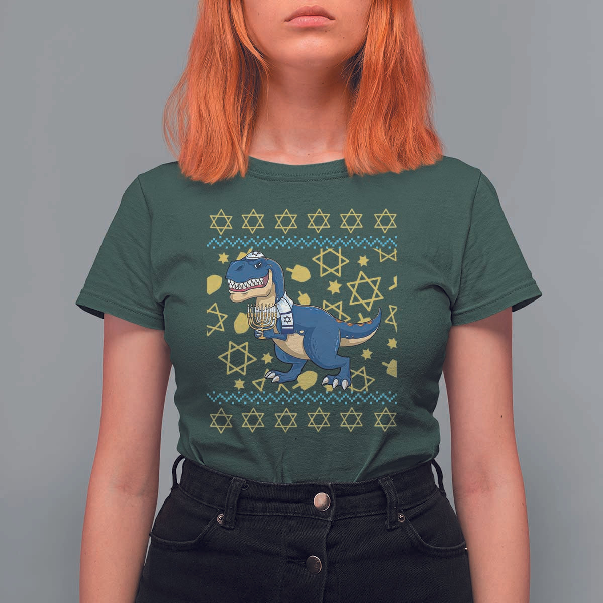 Funny Hanukkah Dinosaur Lover Ugly Sweater T Shirt For Women Festival Of Lights Gift - Wonder Print Shop