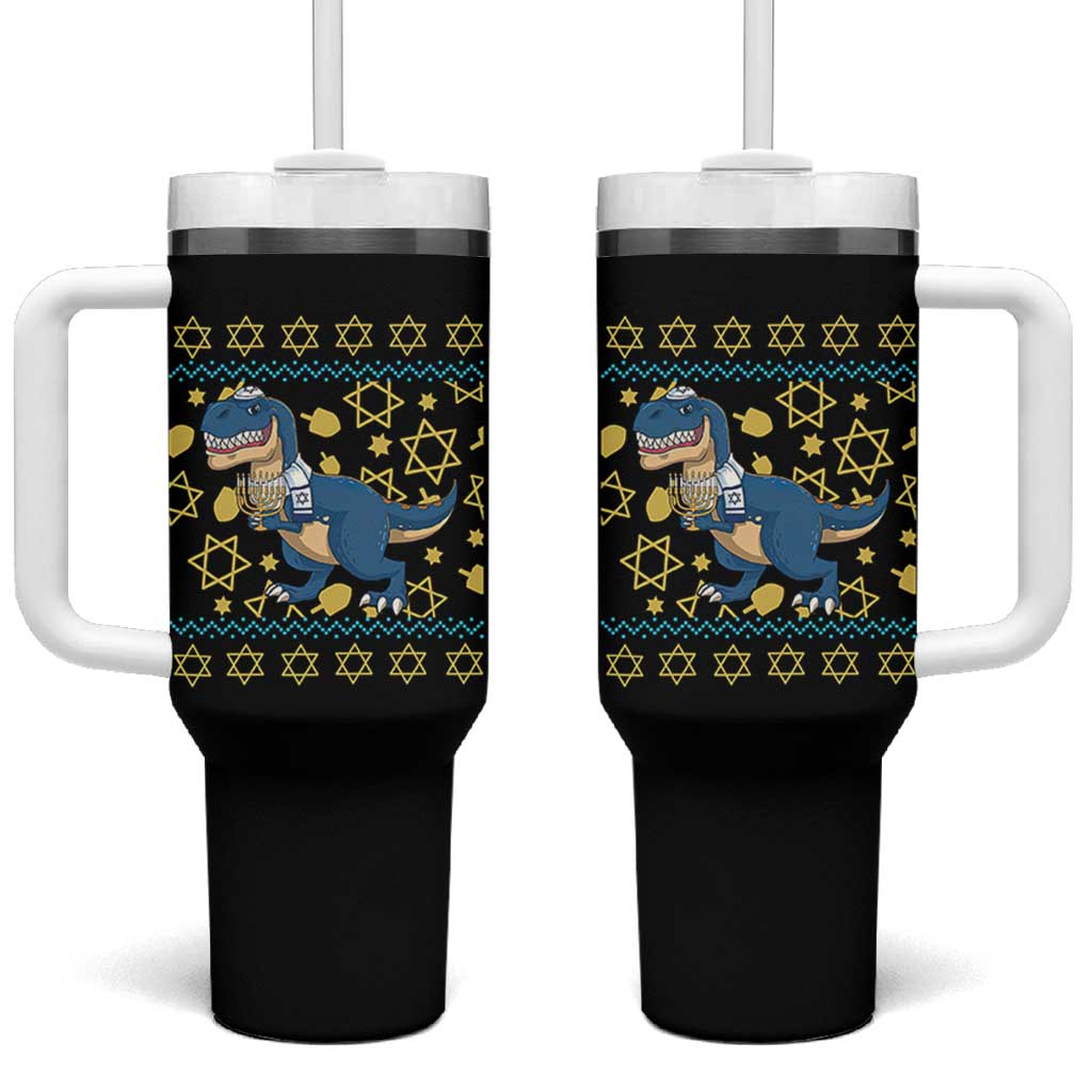 Funny Hanukkah Dinosaur Lover Ugly Sweater Tumbler With Handle Festival Of Lights Gift - Wonder Print Shop