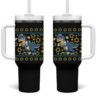 Funny Hanukkah Dinosaur Lover Ugly Sweater Tumbler With Handle Festival Of Lights Gift - Wonder Print Shop