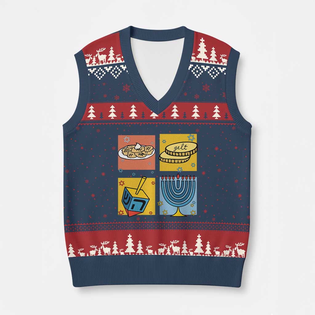 Hanukkah V-Neck Knit Sweater Vest Festival Of Lights Dreidel Menorah Candle Star Gift - Wonder Print Shop