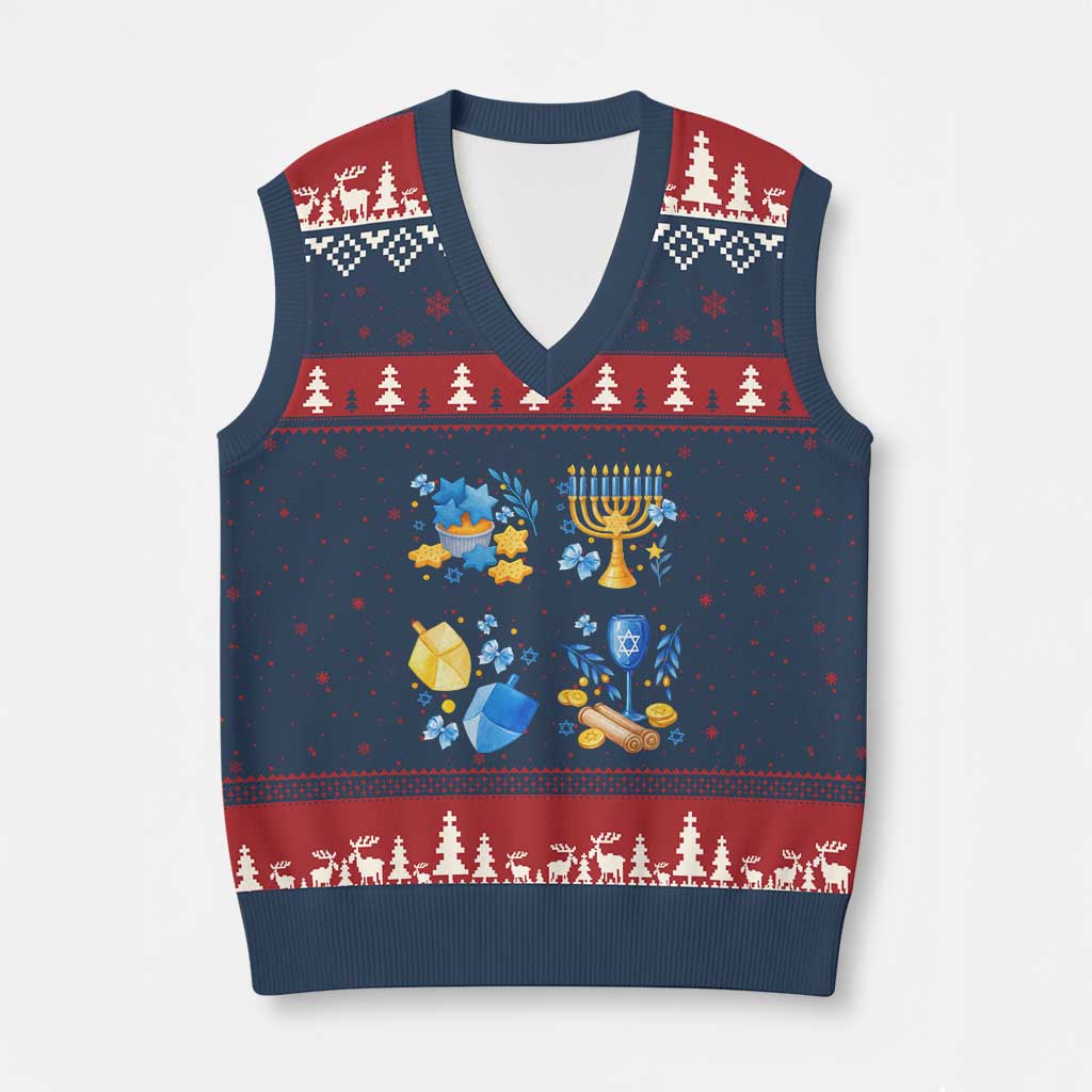 Hanukkah Celebration V-Neck Knit Sweater Vest Menorah Star Of David Candle Dreidel Gift - Wonder Print Shop