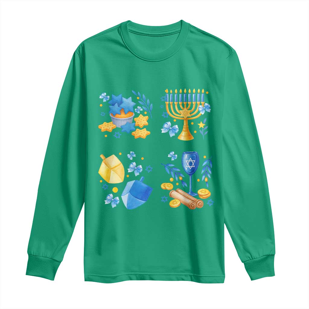 Hanukkah Celebration Long Sleeve Shirt Menorah Star Of David Candle Dreidel Gift - Wonder Print Shop