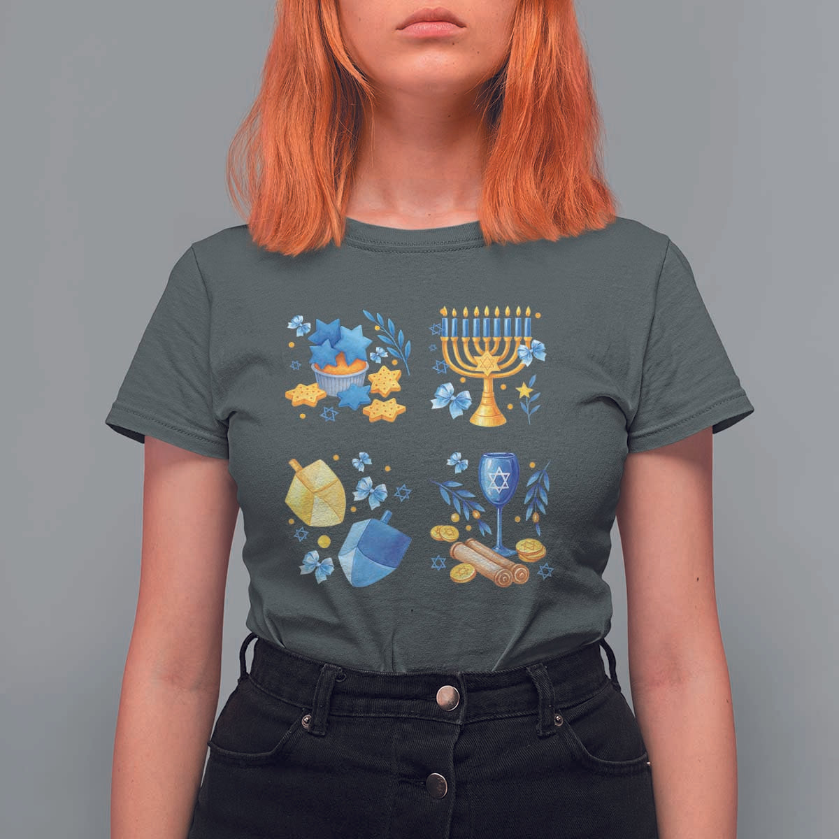 Hanukkah Celebration T Shirt For Women Menorah Star Of David Candle Dreidel Gift - Wonder Print Shop