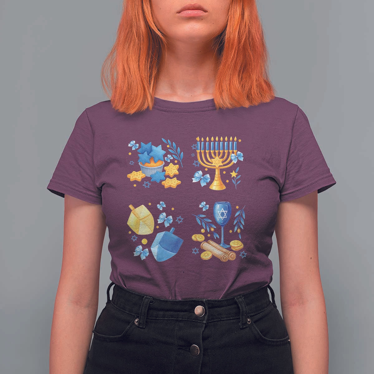 Hanukkah Celebration T Shirt For Women Menorah Star Of David Candle Dreidel Gift - Wonder Print Shop