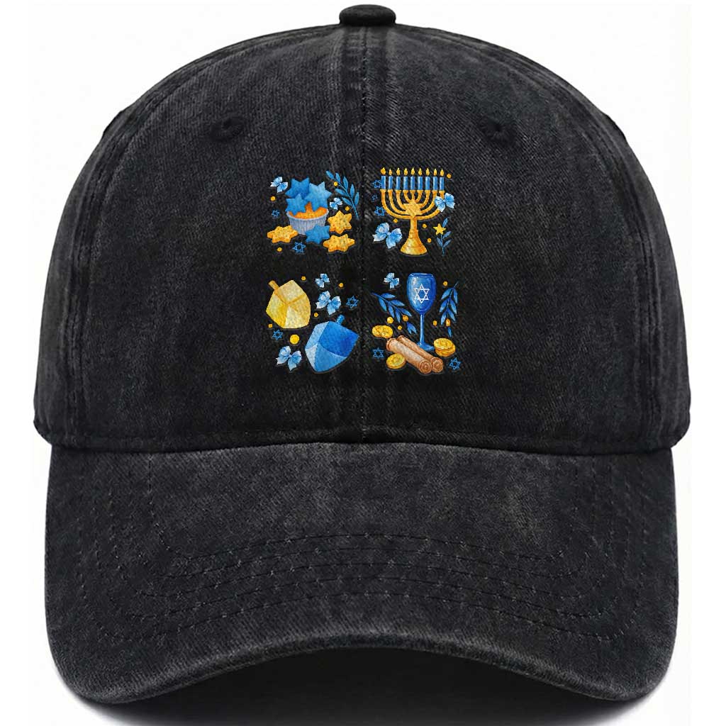 Hanukkah Celebration Washed Cotton Baseball Cap Menorah Star Of David Candle Dreidel Gift