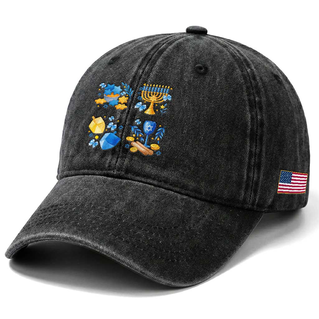 Hanukkah Celebration Washed Cotton Baseball Cap Menorah Star Of David Candle Dreidel Gift