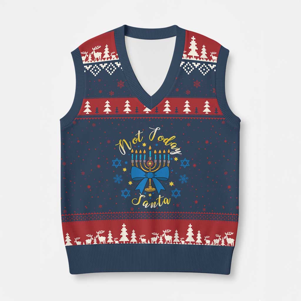 Coquette Hanukkah Menorah Bow V-Neck Knit Sweater Vest Not Today Santa Jewish Holiday Gift - Wonder Print Shop