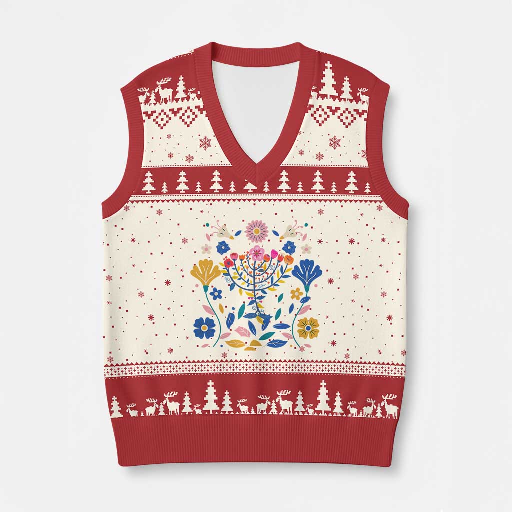 Hanukkah Floral Menorah V-Neck Knit Sweater Vest Jewish Gift For Women - Wonder Print Shop