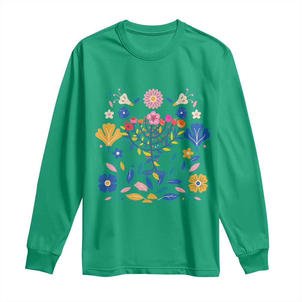 Hanukkah Floral Menorah Long Sleeve Shirt Jewish Gift For Women - Wonder Print Shop