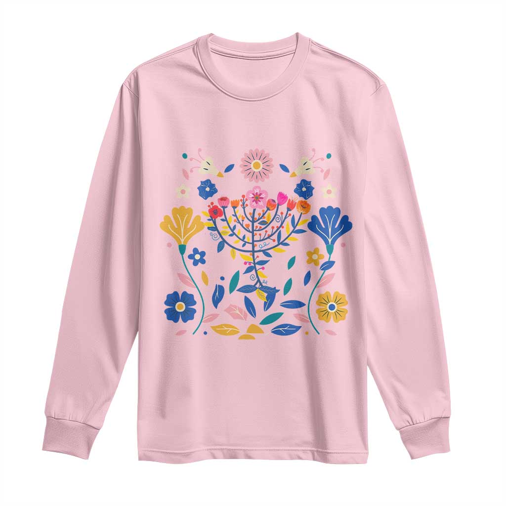 Hanukkah Floral Menorah Long Sleeve Shirt Jewish Gift For Women - Wonder Print Shop