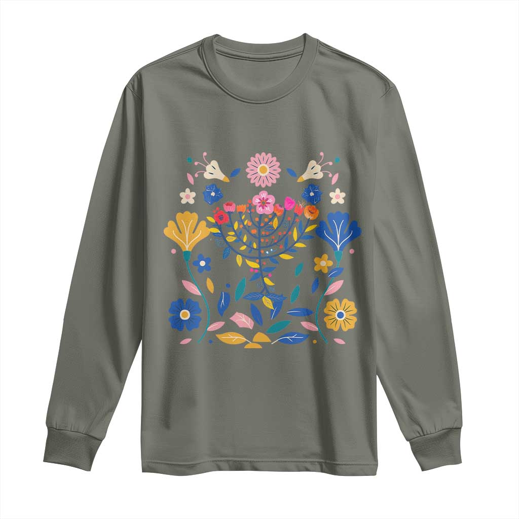 Hanukkah Floral Menorah Long Sleeve Shirt Jewish Gift For Women - Wonder Print Shop