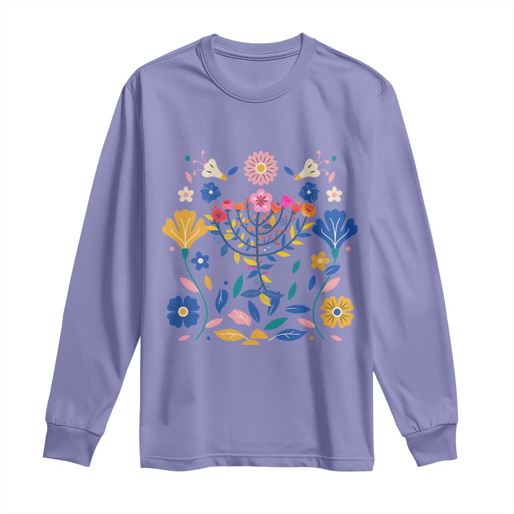 Hanukkah Floral Menorah Long Sleeve Shirt Jewish Gift For Women - Wonder Print Shop