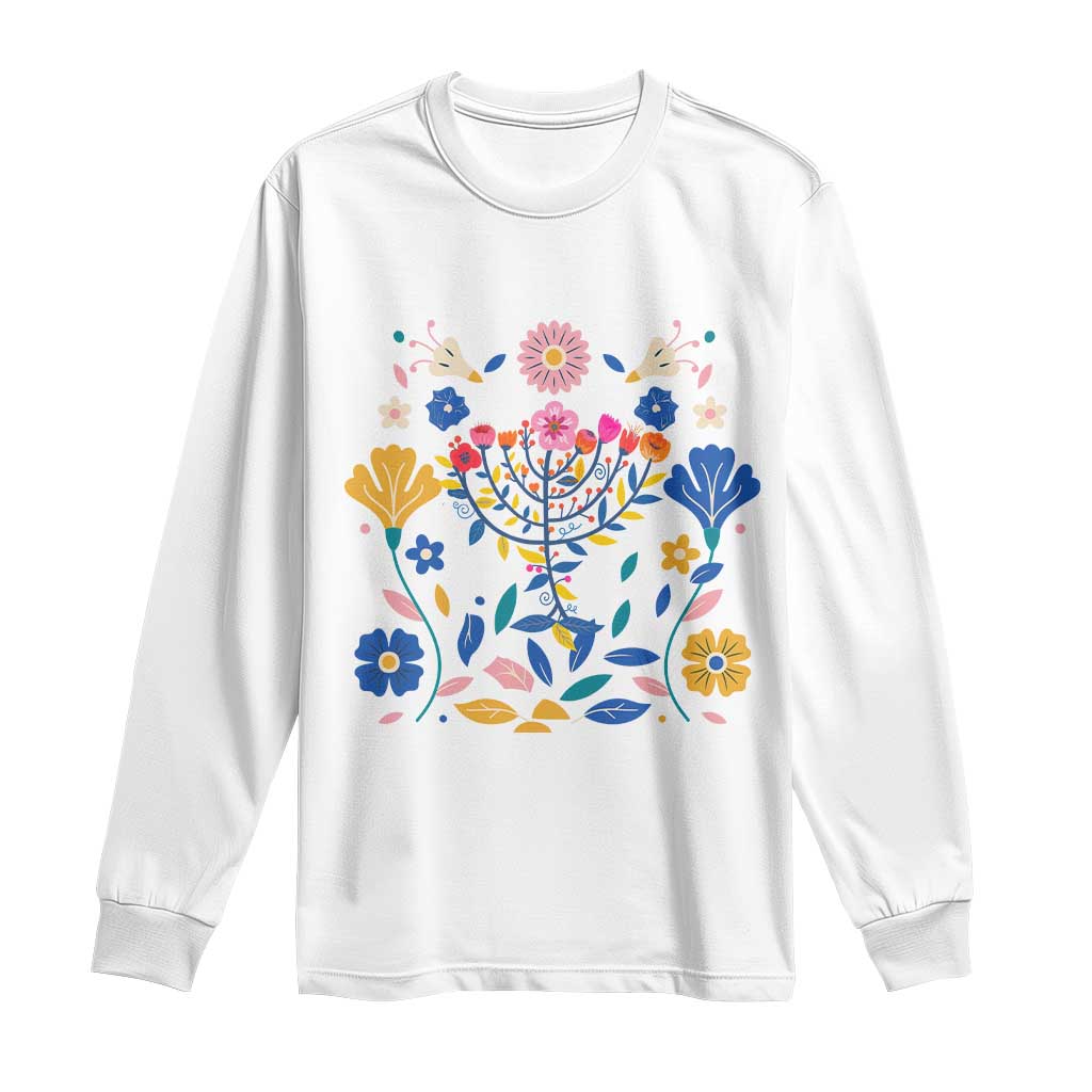 Hanukkah Floral Menorah Long Sleeve Shirt Jewish Gift For Women - Wonder Print Shop