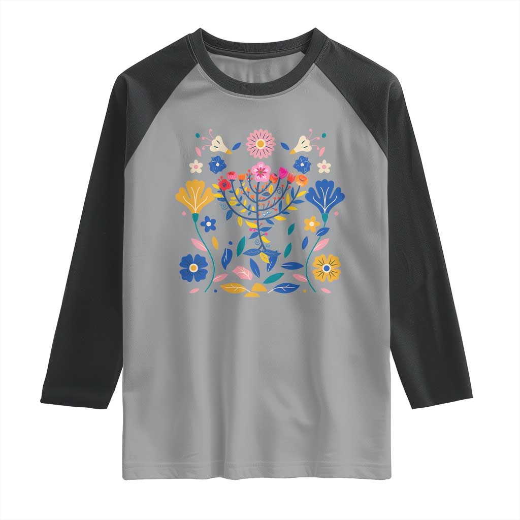 Hanukkah Floral Menorah Raglan Shirt Jewish Gift For Women - Wonder Print Shop
