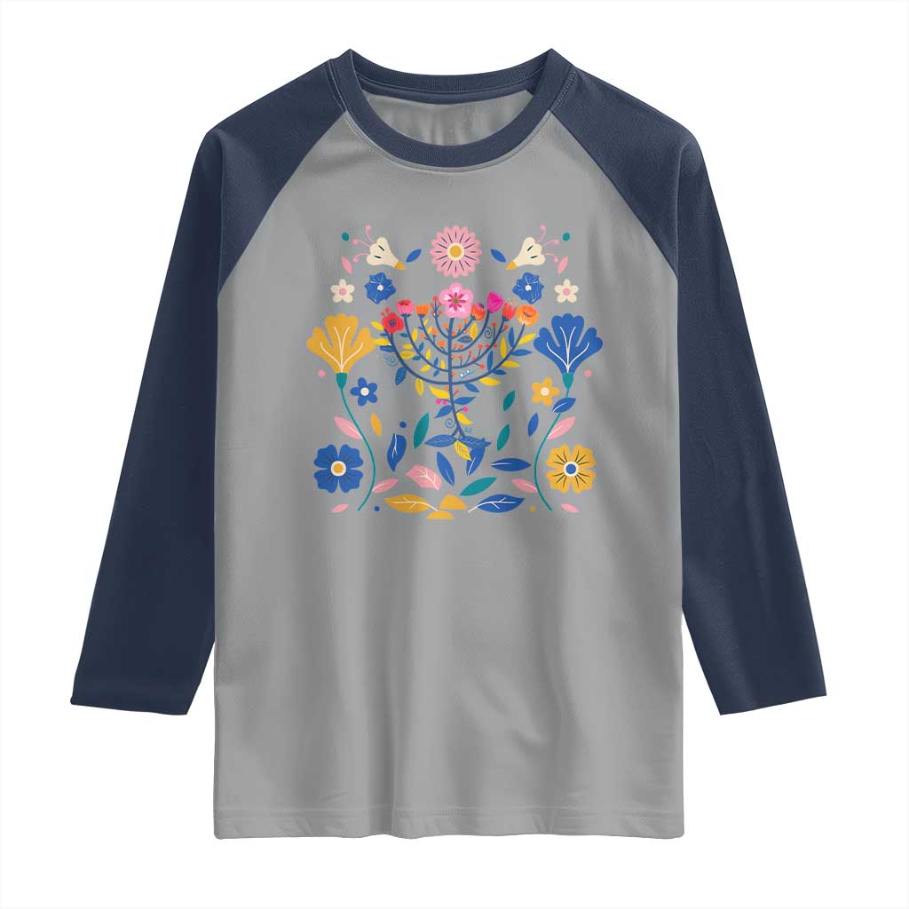 Hanukkah Floral Menorah Raglan Shirt Jewish Gift For Women - Wonder Print Shop