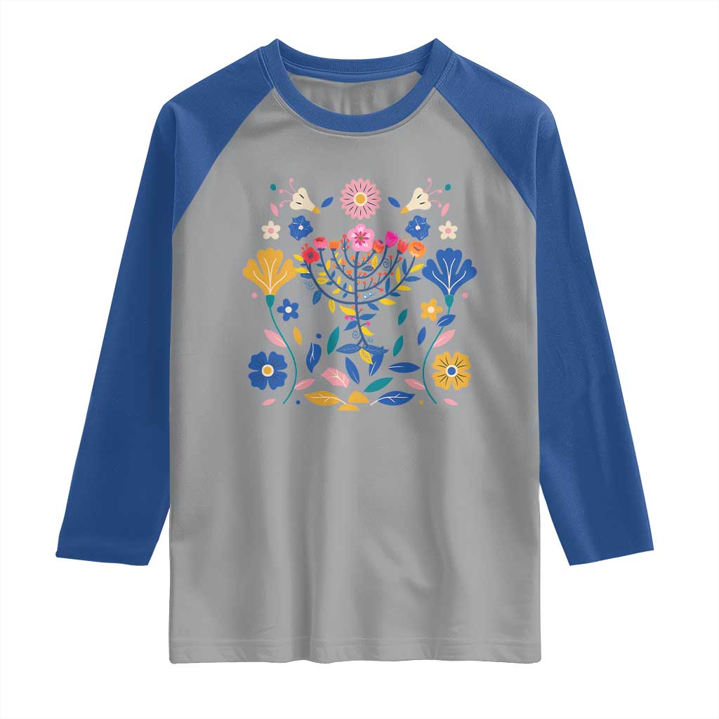 Hanukkah Floral Menorah Raglan Shirt Jewish Gift For Women - Wonder Print Shop