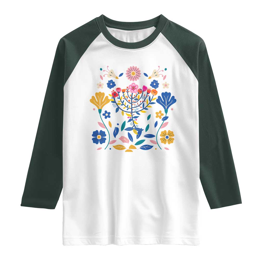 Hanukkah Floral Menorah Raglan Shirt Jewish Gift For Women - Wonder Print Shop