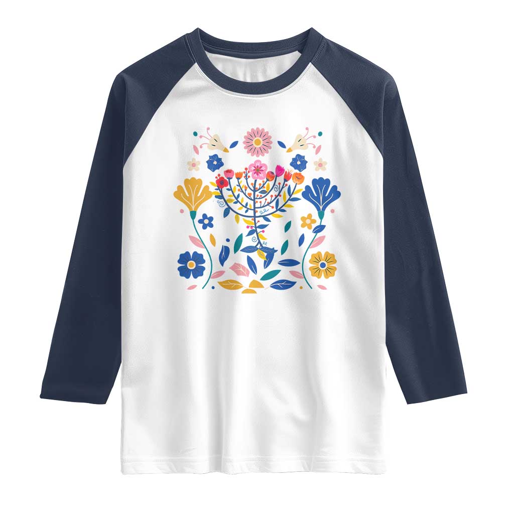 Hanukkah Floral Menorah Raglan Shirt Jewish Gift For Women - Wonder Print Shop
