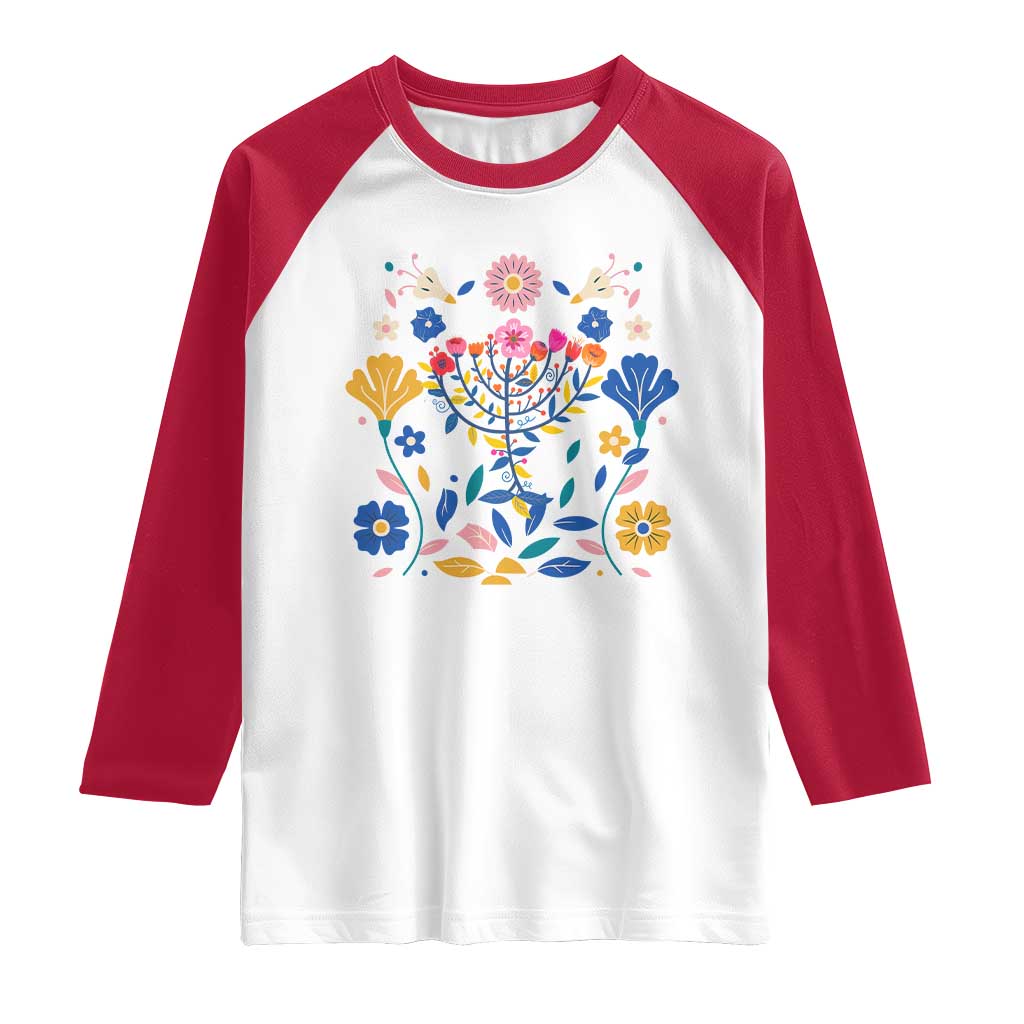 Hanukkah Floral Menorah Raglan Shirt Jewish Gift For Women - Wonder Print Shop