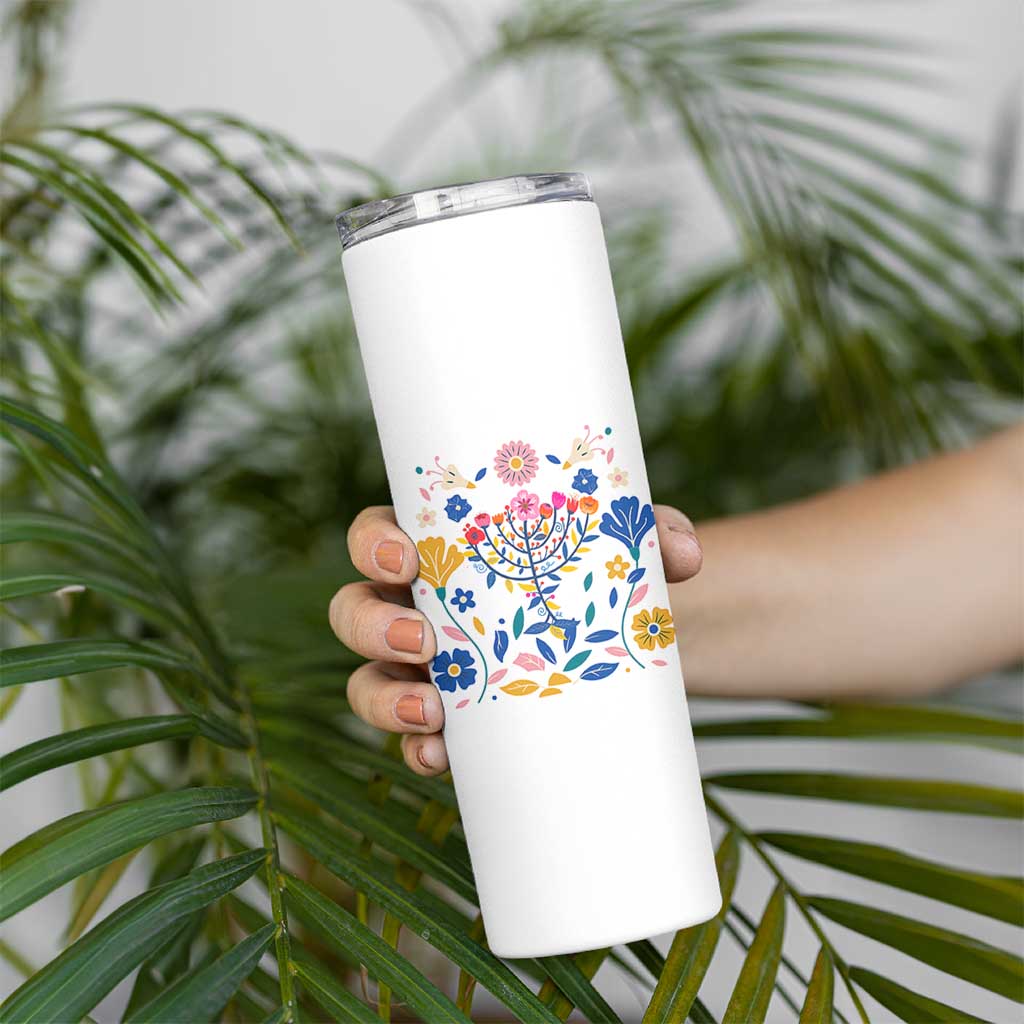 Hanukkah Floral Menorah Skinny Tumbler Jewish Gift For Women - Wonder Print Shop