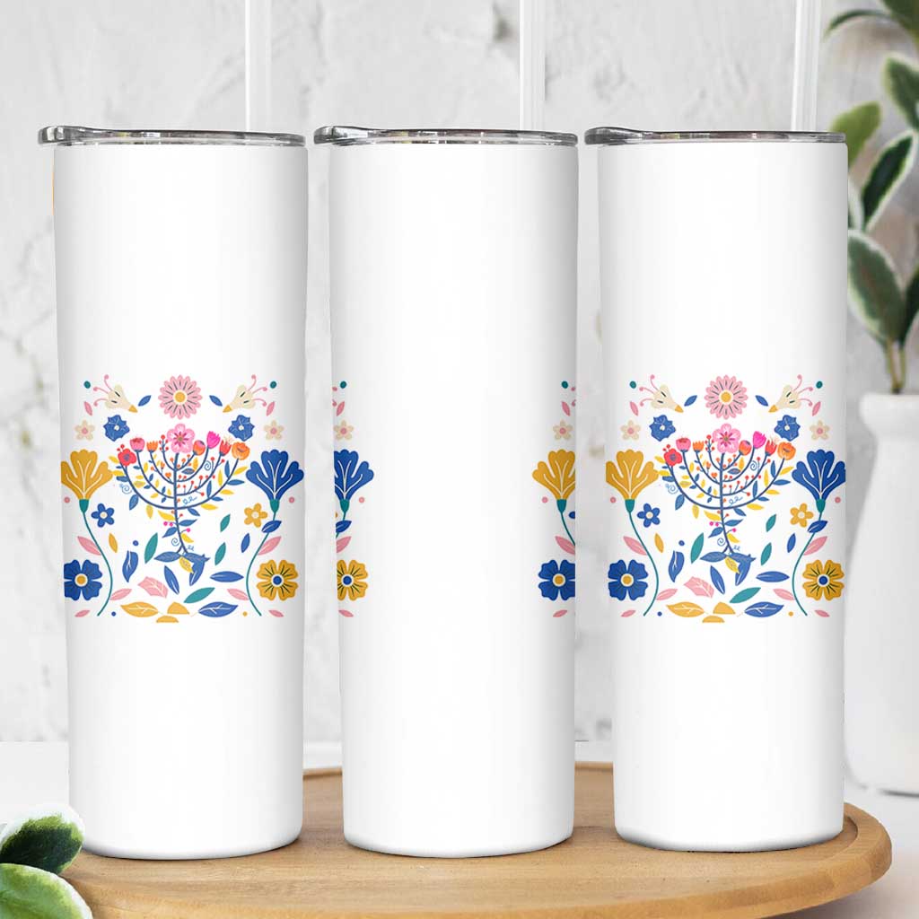 Hanukkah Floral Menorah Skinny Tumbler Jewish Gift For Women - Wonder Print Shop