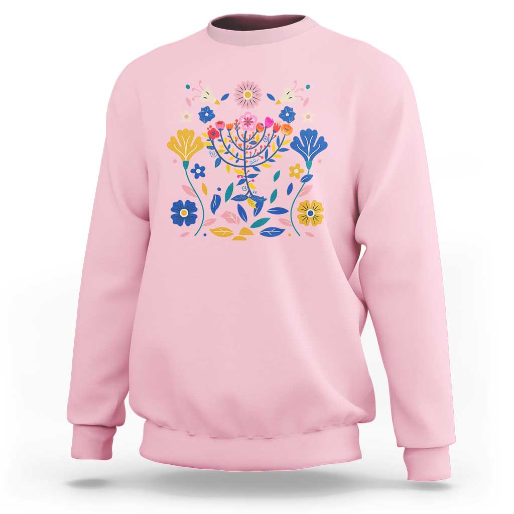 Hanukkah Floral Menorah Sweatshirt Jewish Gift For Women - Wonder Print Shop