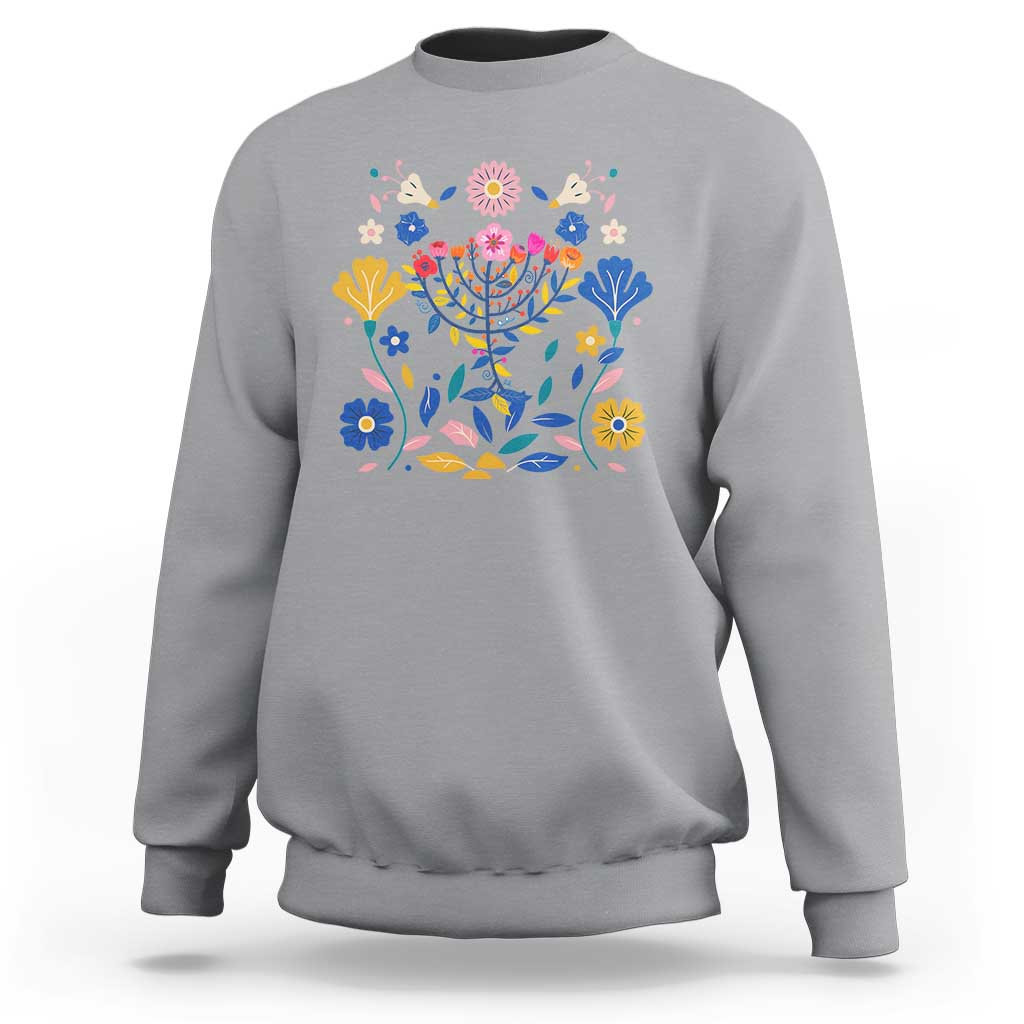 Hanukkah Floral Menorah Sweatshirt Jewish Gift For Women - Wonder Print Shop