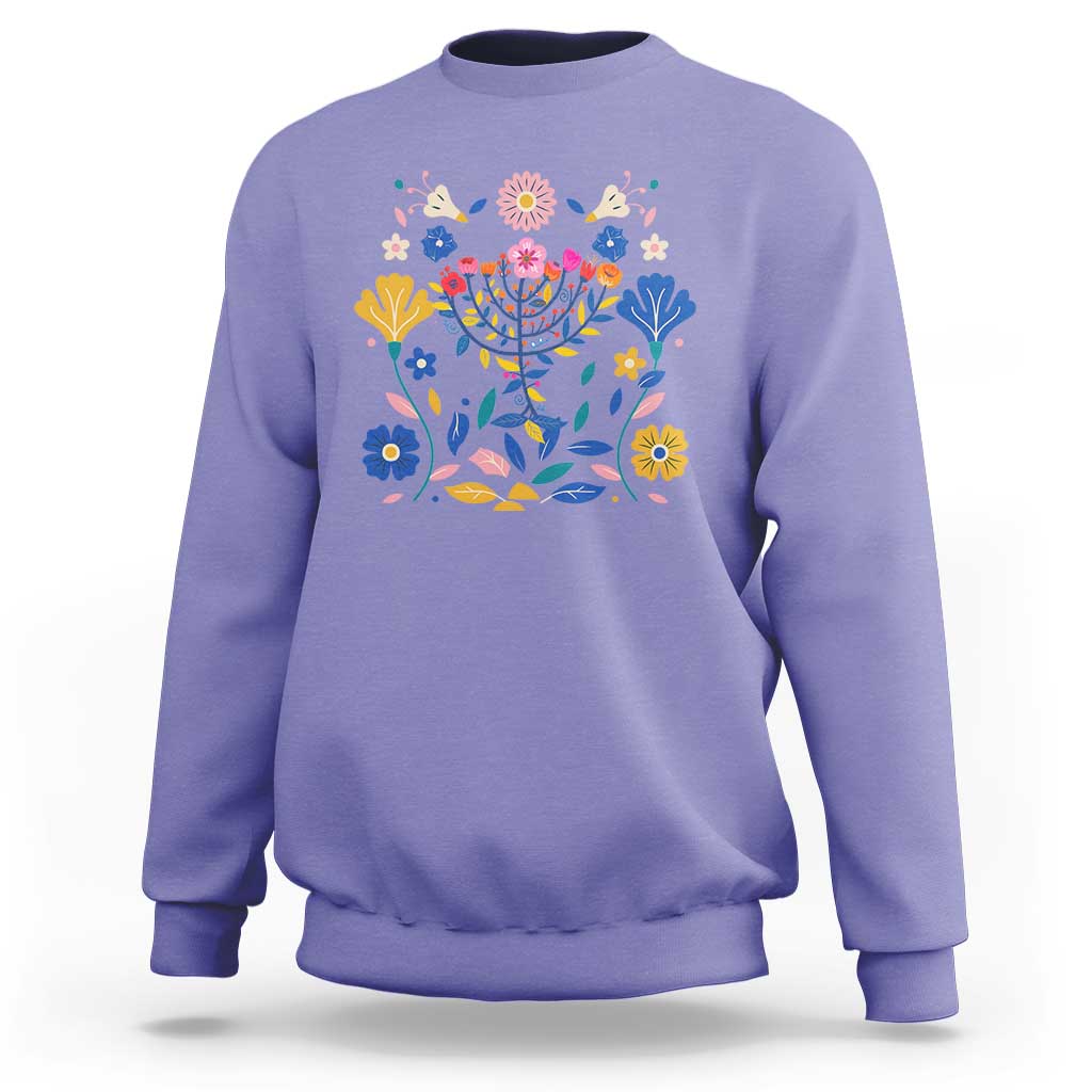Hanukkah Floral Menorah Sweatshirt Jewish Gift For Women - Wonder Print Shop