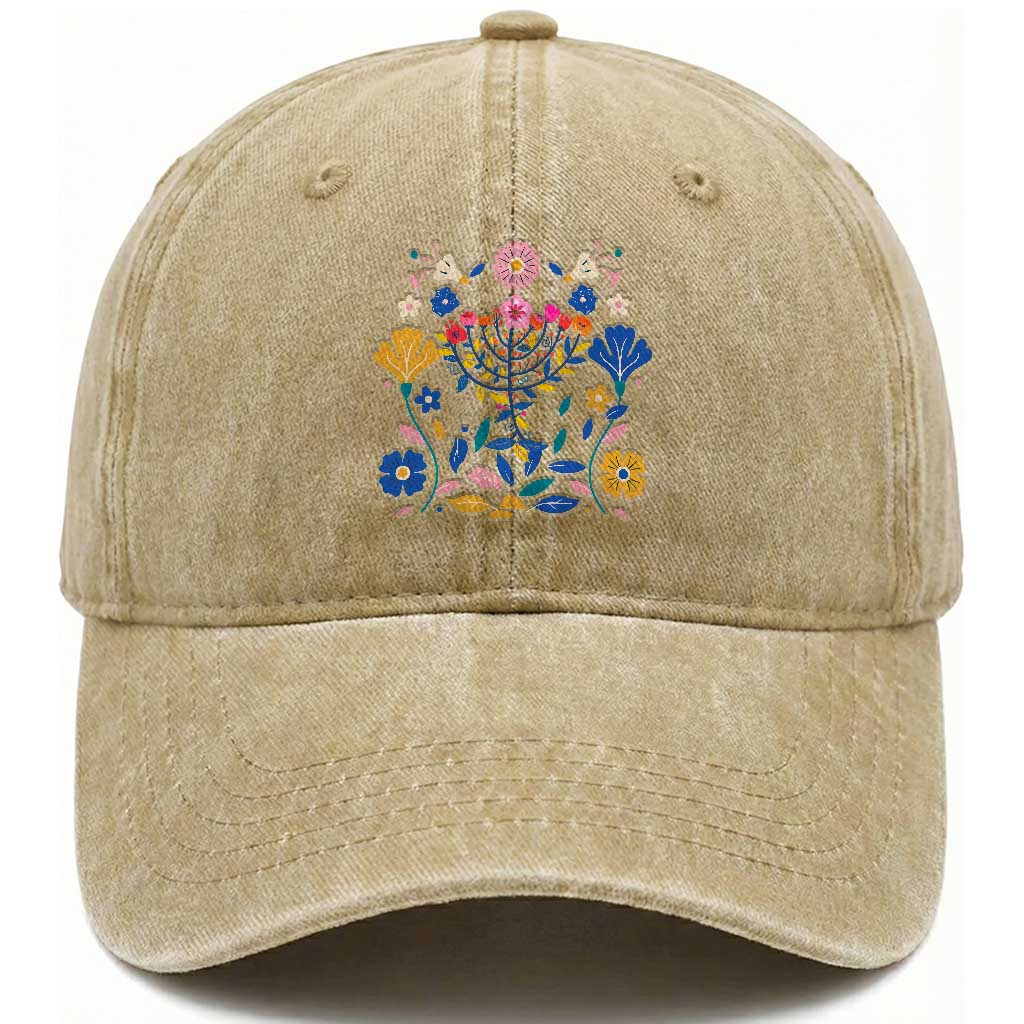 Hanukkah Floral Menorah Washed Cotton Baseball Cap Jewish Gift For Women