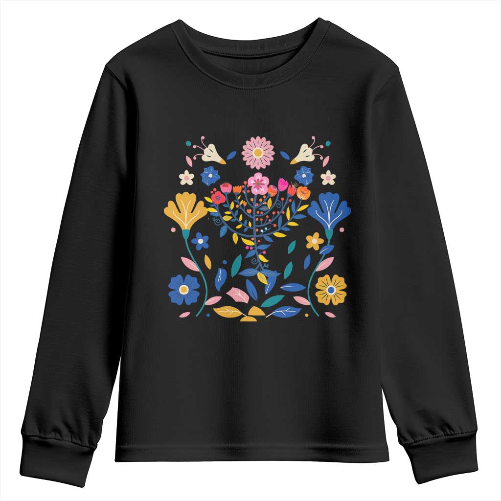 Hanukkah Floral Menorah Youth Sweatshirt Jewish Gift For Women - Wonder Print Shop