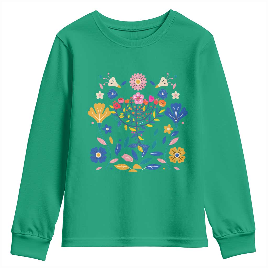Hanukkah Floral Menorah Youth Sweatshirt Jewish Gift For Women - Wonder Print Shop