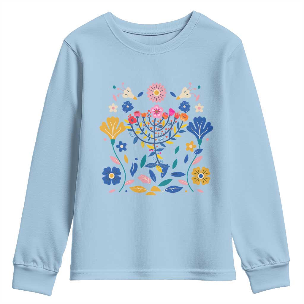 Hanukkah Floral Menorah Youth Sweatshirt Jewish Gift For Women - Wonder Print Shop