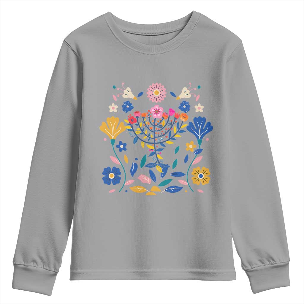 Hanukkah Floral Menorah Youth Sweatshirt Jewish Gift For Women - Wonder Print Shop