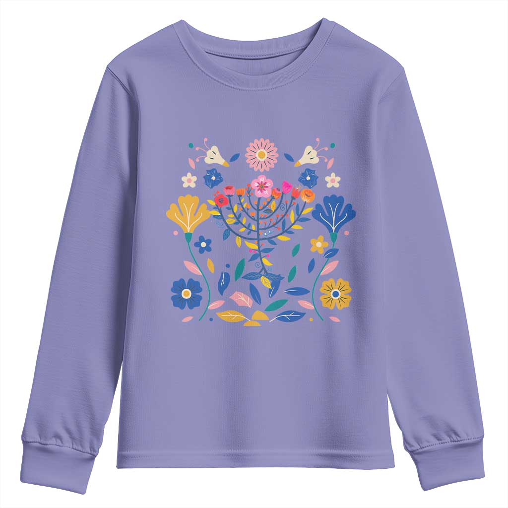 Hanukkah Floral Menorah Youth Sweatshirt Jewish Gift For Women - Wonder Print Shop
